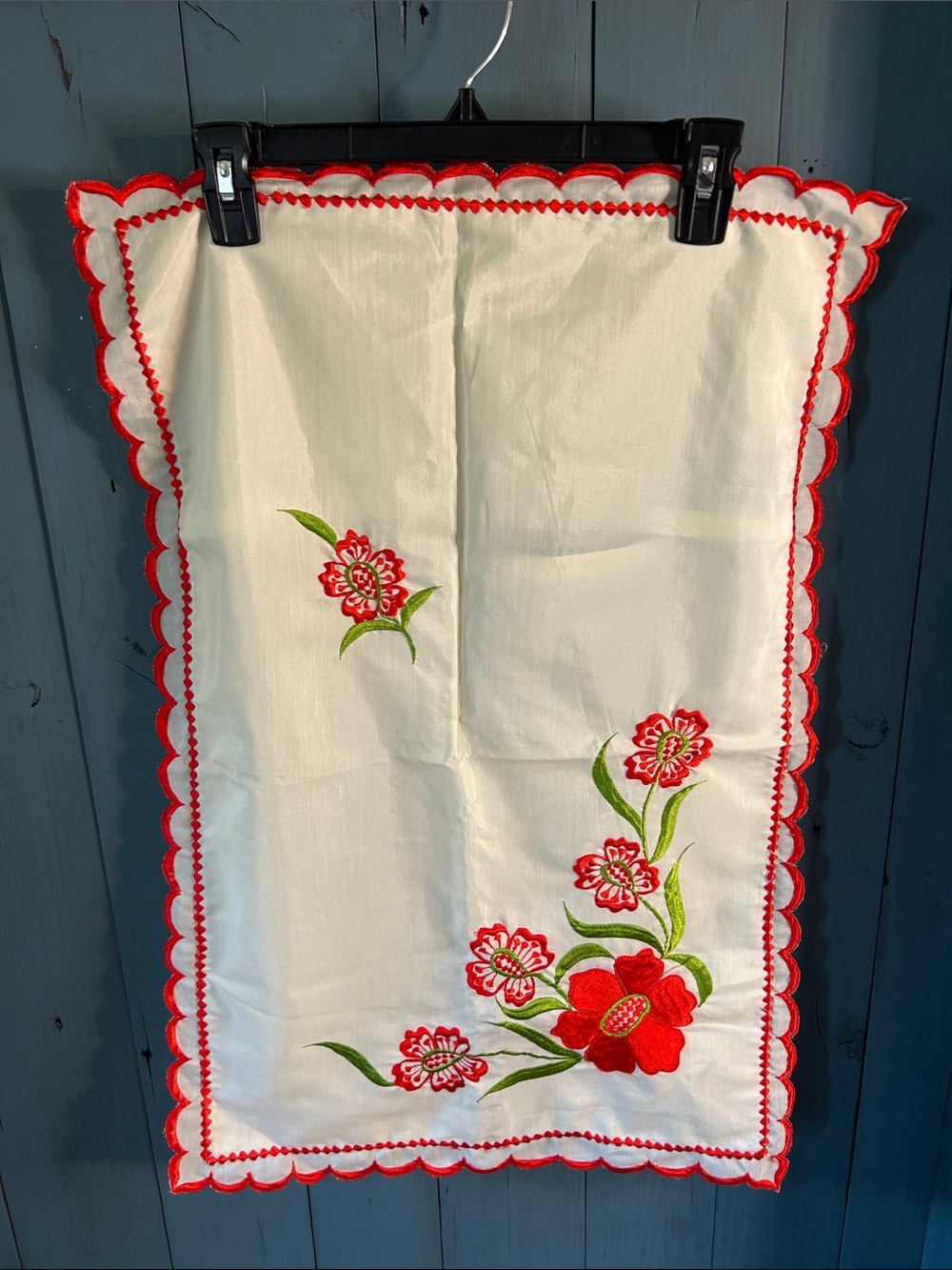 Hand Crafter Embroidered Floral Pillow Sham in Red, Green and Cream | 18x27”